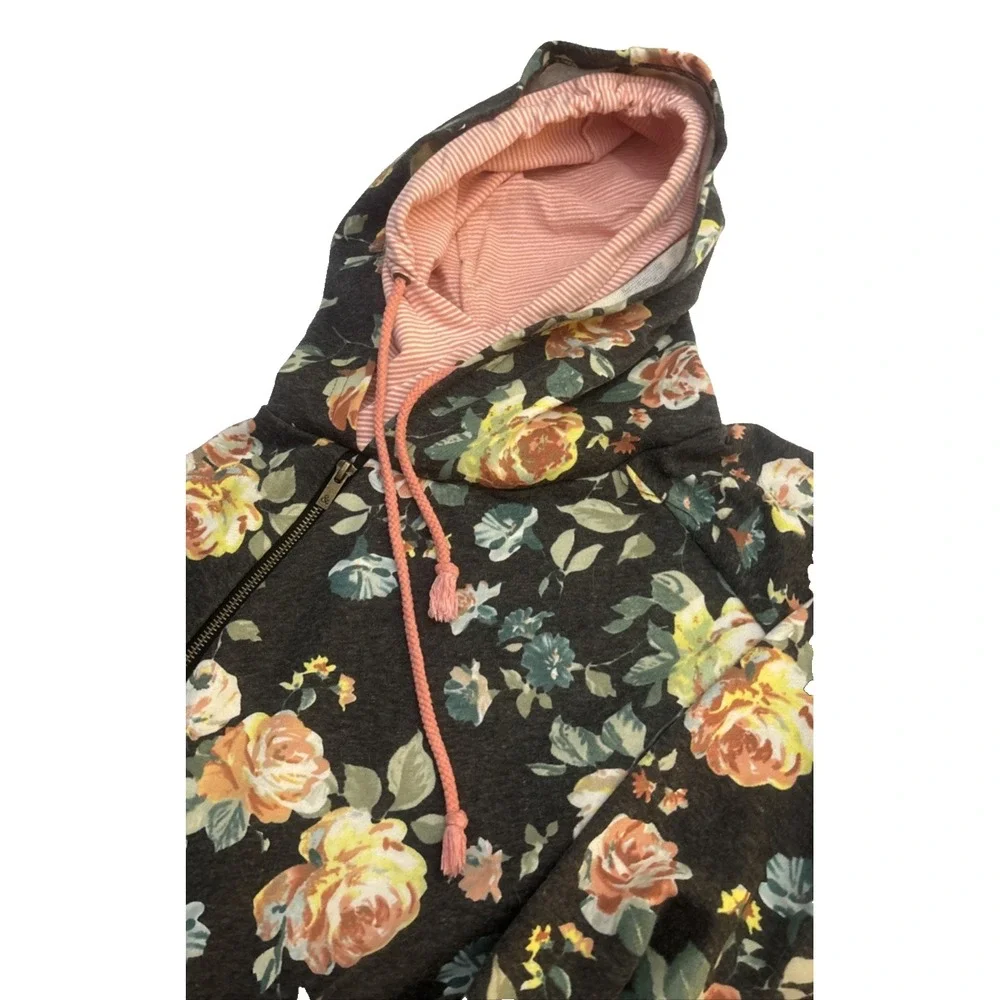 Ampersand Avenue Women S Black Floral Long Sleeves Double Hood Sweatshirt Pocket